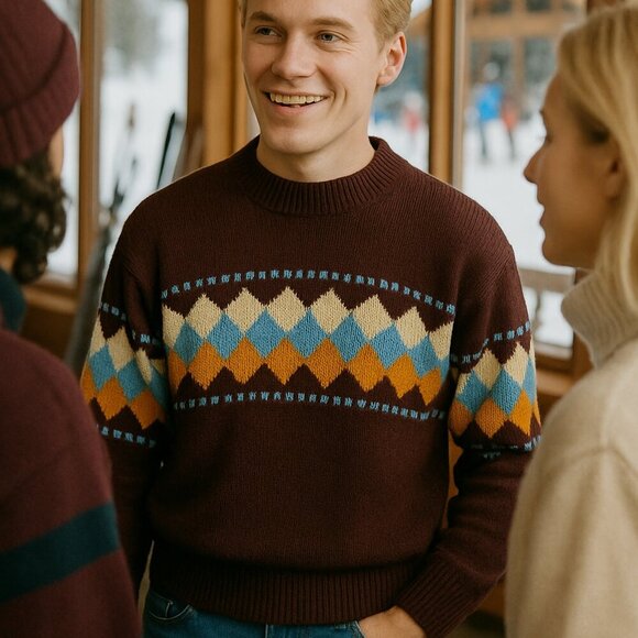 Vintage Sutton Place Argyle Sweater Men Medium Brown Ski Preppy Academia Retro - Picture 1 of 6
